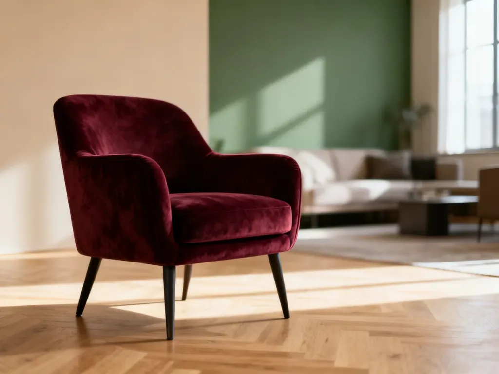 Elegancki bordowy fotel welurowy na tle beżowych i szałwiowych ścian w nowoczesnym salonie.